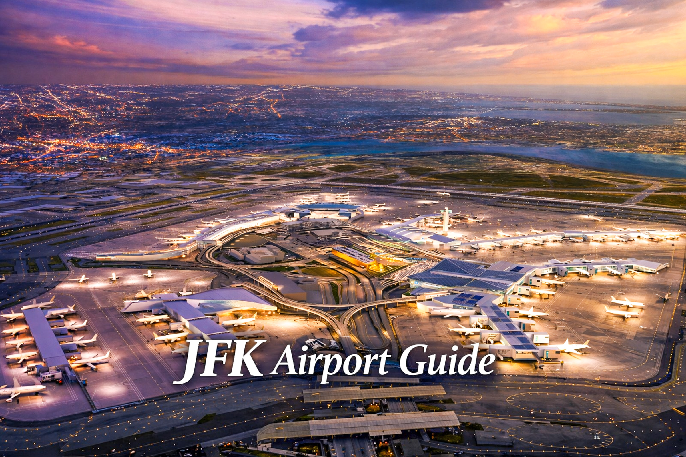 ภาพถ่ายมุมสูงจากเครื่องบิน แสดงทัศนียภาพกว้างขวางของสนามบิน JFK กลุ่มอาคารผู้โดยสาร และรันเวย์ที่ตัดกันริมชายฝั่งทะเลในวันฟ้าใส
