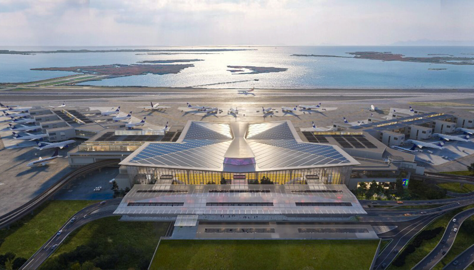 ภาพถ่ายทางอากาศแสดงพื้นที่กว้างขวางของโครงการ New Terminal One (NTO) ภายในสนามบิน JFK
