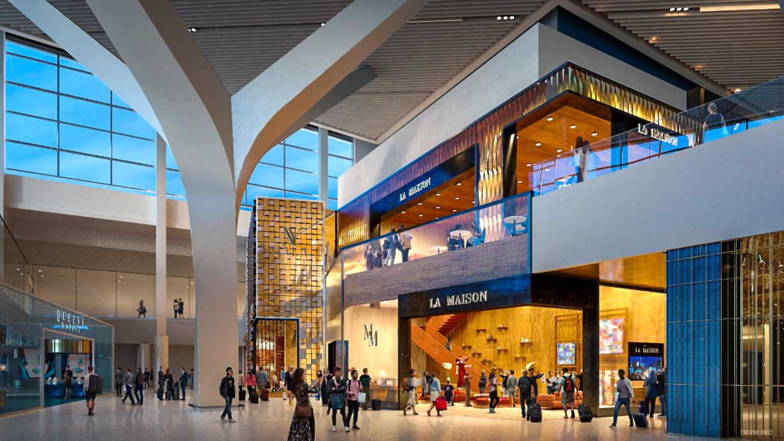 ภาพจำลองบรรยากาศภายในโถงผู้โดยสารของ New Terminal One มีเพดานลายไม้สูงโปร่งและพื้นที่พักผ่อนกว้างขวาง