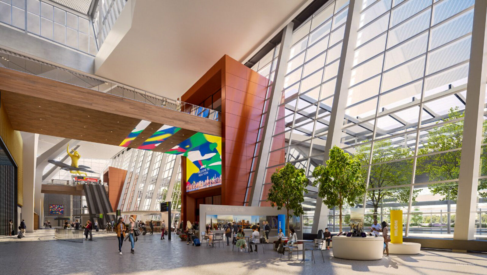 ภาพจำลองโซนร้านค้าและร้านอาหาร (Retail Area) ภายในอาคาร New Terminal One ตกแต่งด้วยต้นไม้และแสงธรรมชาติ
