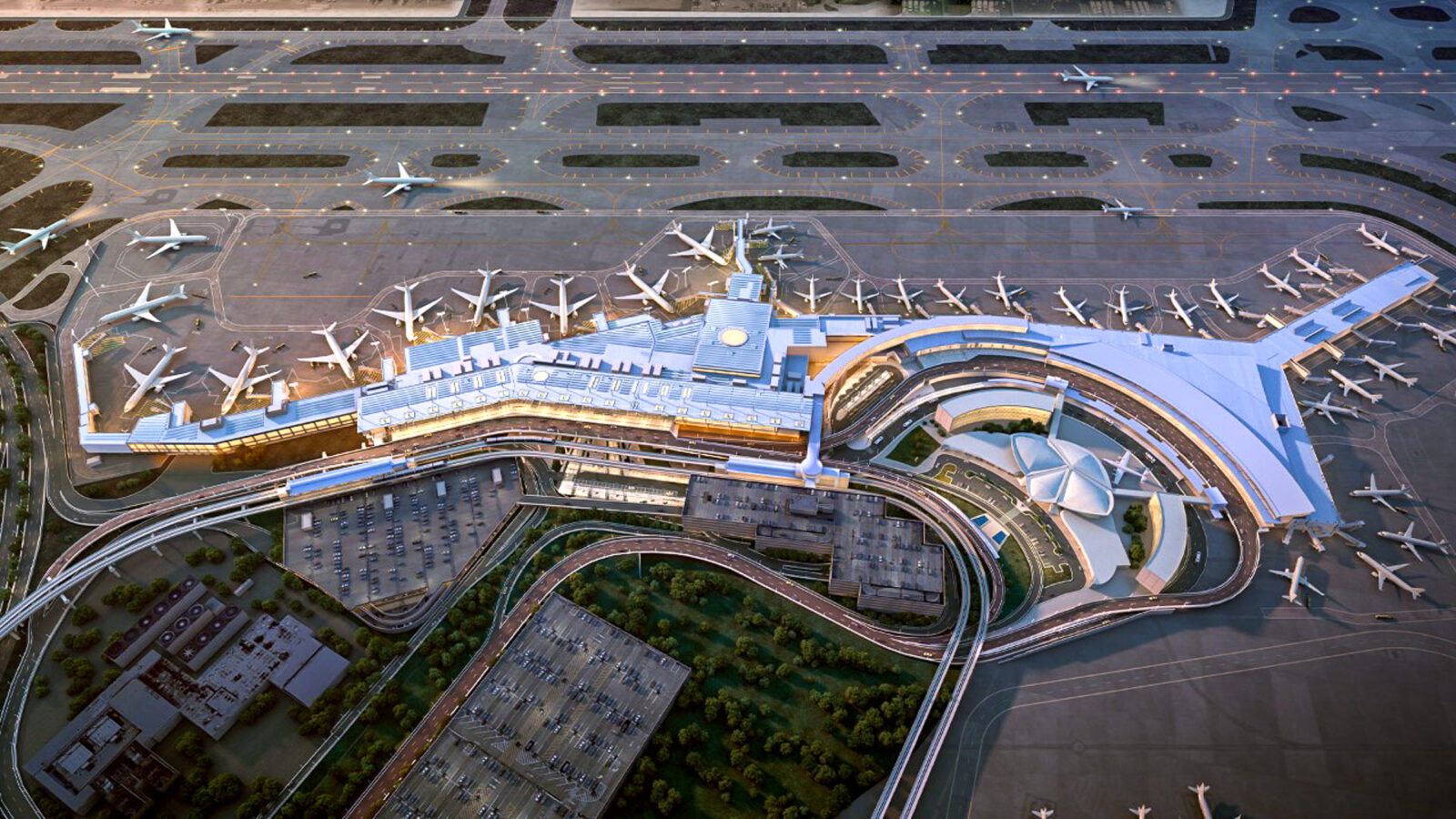 แผนภาพมุมสูงแสดงตำแหน่งที่ตั้งและแผนการขยายพื้นที่ของโครงการ Terminal 6 ภายในบริเวณสนามบิน JFK