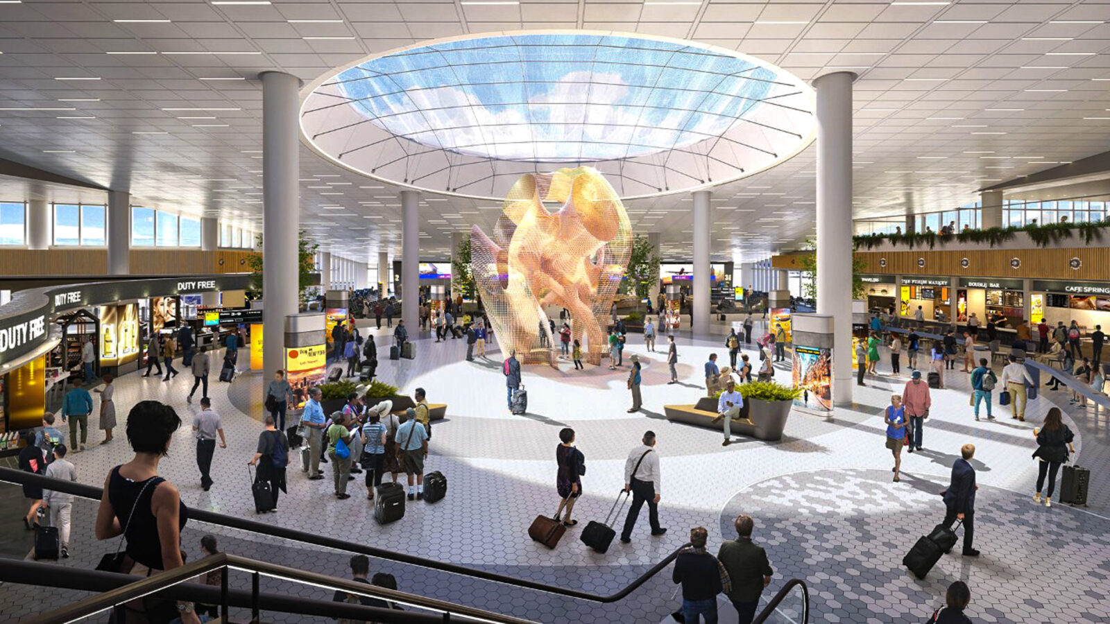 ภาพจำลองโถงเช็คอินภายในอาคาร Terminal 6  ที่ออกแบบให้เปิดรับแสงธรรมชาติและมีพื้นที่กว้างขวางสำหรับผู้โดยสาร