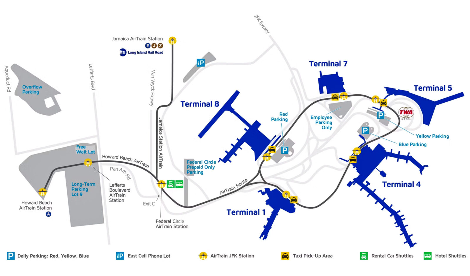 แผนผังเส้นทางรถไฟ AirTrain JFK เชื่อมต่อระหว่างอาคารผู้โดยสารแต่ละแห่ง (T1, T4, T5, T7, T8) และพื้นที่จอดรถส่วนกลาง