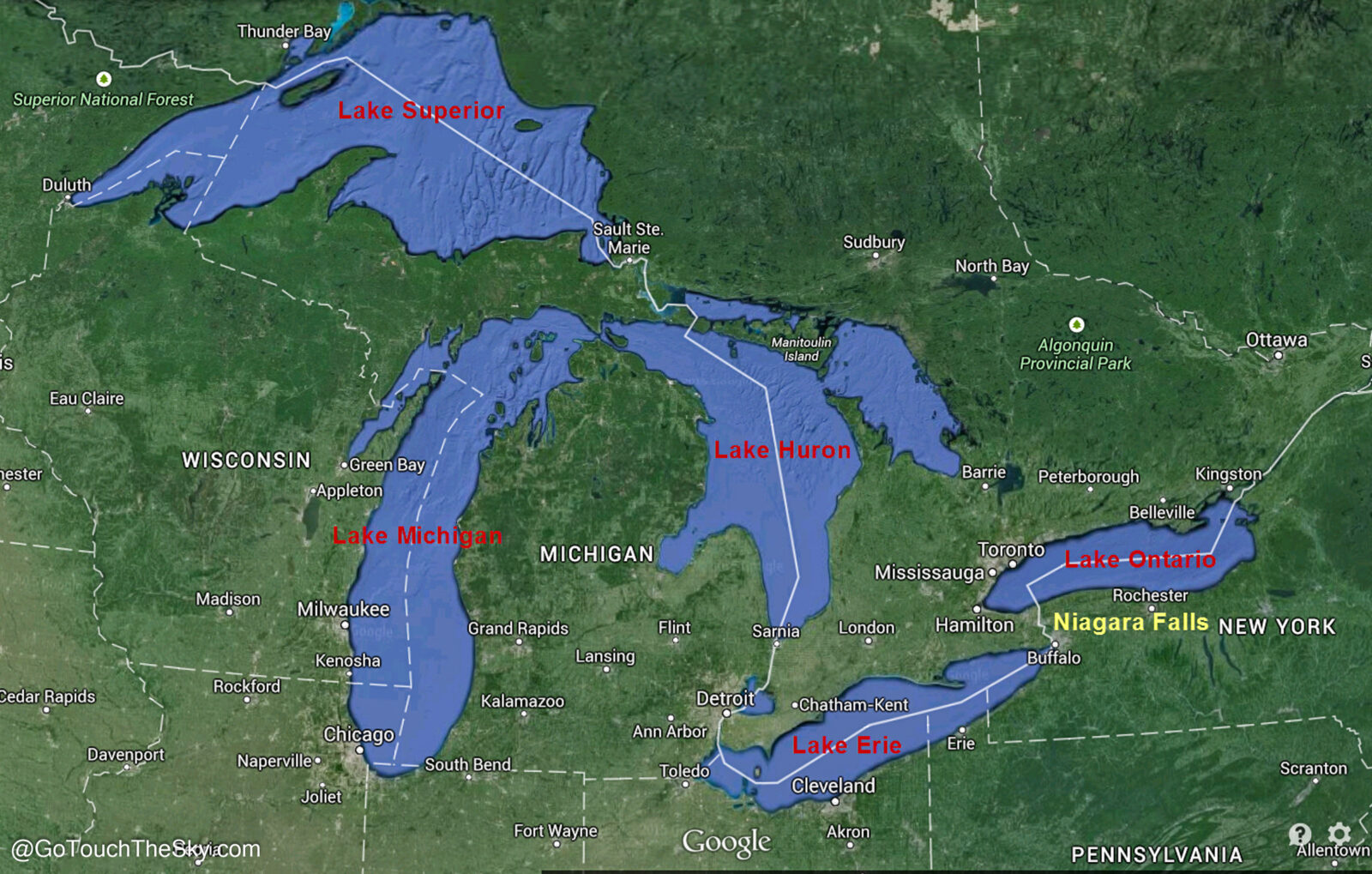 แผนที่แสดงทะเลสาบ Great Lakes รวมถึง Lake Erie, Lake Ontario และตำแหน่งน้ำตกไนแอการา